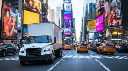Naklejka na meble A white truck mockup driving through a vibrant cityscape with busy traffic and colorful billboards, perfect for urban marketing concepts