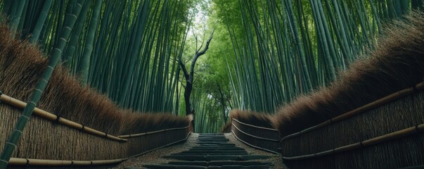 Serene bamboo forest path with tall green stalks and a tranquil atmosphere, inviting exploration amidst the lush foliage and wooden fencing