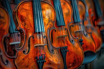 Poster - A row of violin strings hanging on a wall, ready for use