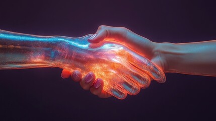 Poster - a human hand reaches out to shake an illuminated, digital hand, representing the connection between 
