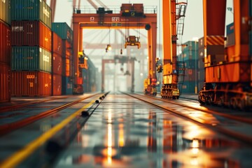 Poster - A train travels along the tracks, with a loading dock in the background