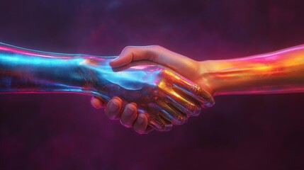 Poster - A metallic hand shakes with a human hand, symbolizing collaboration and harmony between technology and humanity in a vibrant setting.