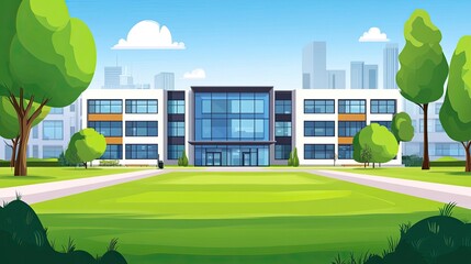 Wall Mural - Modern school building with large windows and a green lawn in front of it.