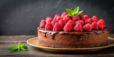 Chocolate cake with fresh raspberries on top, chocolate, cake, dessert, sweet, decadent, homemade, delicious