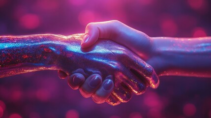 Poster - Two hands come together, one covered in glittering colors, set against a vibrant and illuminated backdrop.