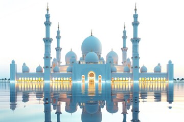 Poster - A large white building sits on the shore of a calm lake, perfect for use as a background or in architectural designs