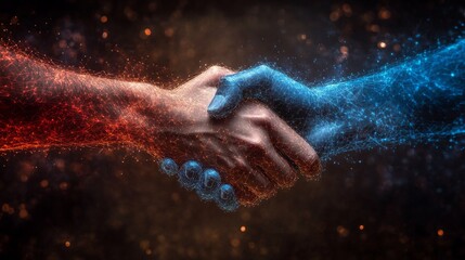 Two hands clasp in a vivid handshake, representing partnership and cooperation through a burst of red and blue energy.