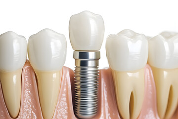 Wall Mural - Jaw with gums and teeth and dental implant screws. Dental implant process, 3D illustration on white background