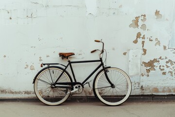 Poster - A single black bicycle leaning against a white wall in a minimalist setting