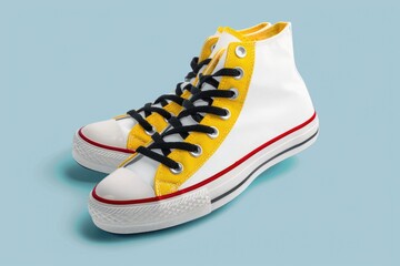 Wall Mural - A close-up shot of a pair of sneakers with yellow and white color scheme and black laces