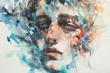 Poster - A watercolor painting of a woman's face, created using soft brushstrokes and vibrant colors