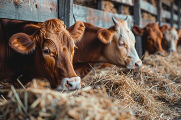 Poster - A group of brown cows standing next to each other, likely grazing or resting in a field