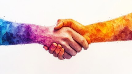 Poster - Hands of different colors engage in a firm shake, representing partnership and mutual support between diverse individuals.