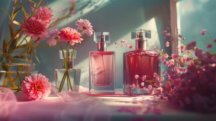Aufkleber - A pair of perfume bottles sit on a table, waiting to be used or displayed