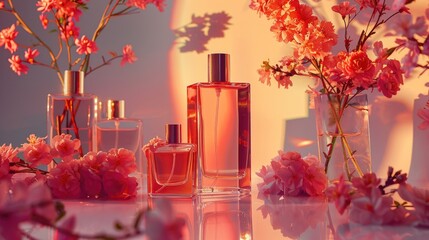 Poster - A collection of perfume bottles arranged on a table, perfect for commercial or editorial use