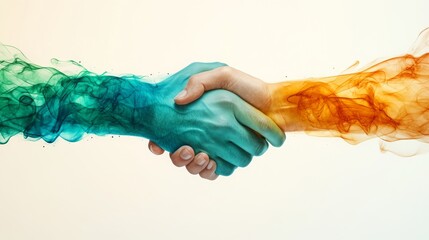 Poster - Hands in vibrant colors merge in a handshake, symbolizing collaboration and connection between diverse ideas.
