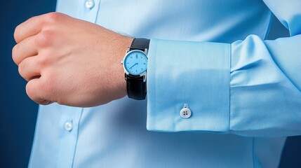 A close-up of a hand wearing a stylish blue watch on a crisp, light blue shirt, showcasing elegance and modern fashion.