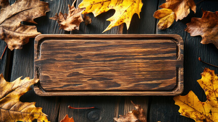 Canvas Print - A wooden board with leaves on a table, AI