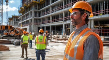 Construction manager in a hard hat and safety gear inspects a high-rise building project, focusing on quality control and project progress at a large construction site.