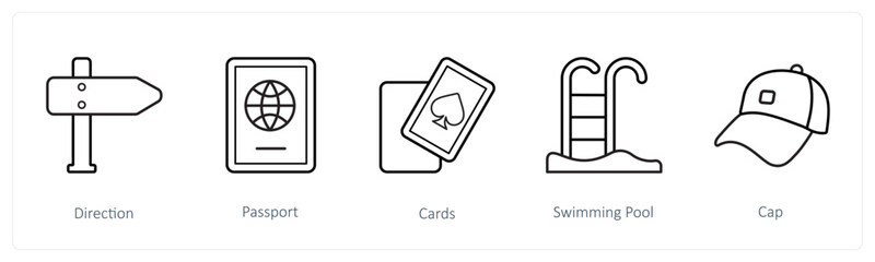 A set of 5 travel and vacation icons such as direction, passport, cards