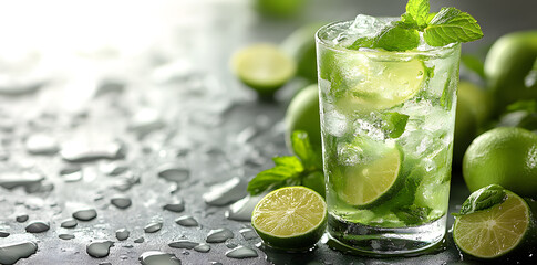 Wall Mural - Refreshing mint cocktail mojito with rum and lime, cold drink or beverage with ice commercial advertising photo
