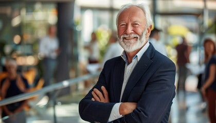 Professional portrait of a senior businessman with arms crossed, smiling, modern office, blurred people in background.