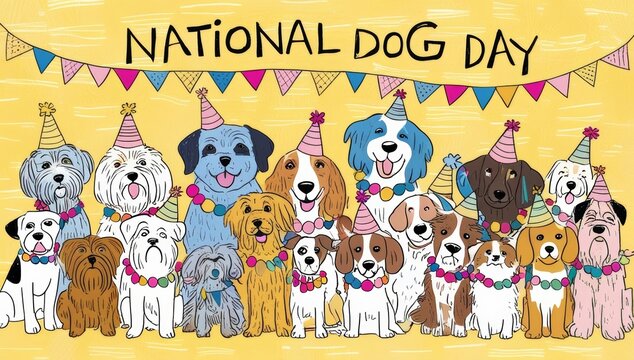 A whimsical handdrawn illustration celebrating National dog day