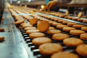 Poster - A colorful conveyor belt loaded with various types of cookies