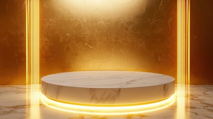 Wall Mural - Elegant Marble and Gold Display, Luxurious illuminated stage showcasing a cosmetic product, round marble podium with gold trim, softly glowing golden backdrop enhances presentation.