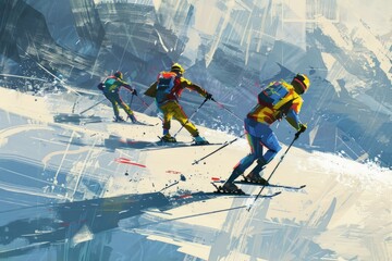 Sticker - A group of people skiing down a snowy mountain slope, enjoying the winter scenery