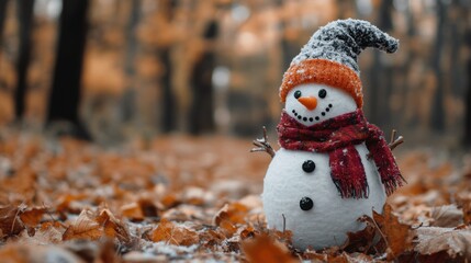 Poster - A snowman wearing a scarf and hat sitting in the leaves, AI