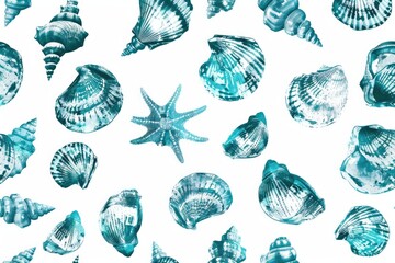 Poster - A collection of colorful sea shells arranged neatly on a clean white background