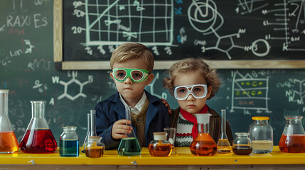 two young children dressed as scientists, conducting experiments in a vibrant and well-equipped laboratory