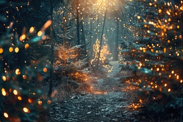 Aufkleber - A serene forest path illuminated by numerous lights, perfect for use in designs related to guidance, direction, or celebration