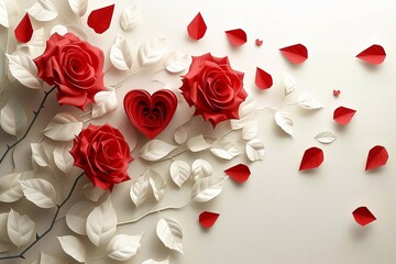 Wall Mural - Red roses and cut paper hearts on a white background