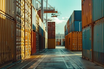 Poster - A narrow alley lined with many shipping containers