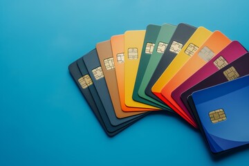 Credit cards of different colors laid out on a blue background