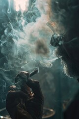 Poster - A person smoking a cigarette in a dimly lit space