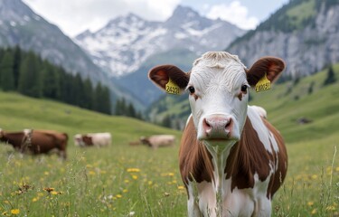 Wall Mural - Cow grazing among wildflowers in a mountainous meadow during a sunny day