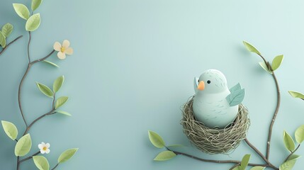 Wall Mural - A blue bird sits in a nest with a branch of leaves and flowers on a light blue background.