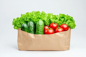 Fresh salad ingredients background Lettuce, cucumber, and tomatoes in paper bag on white Food delivery, shopping food supermarket concept