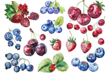 Poster - A still life image of painted berries on a white background, perfect for use in designs related to food, nature or art