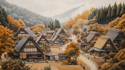 Wall Mural - Three Traditional Japanese thatched-roof houses in the ‘gassho-zukuri’ style, AI