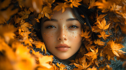 Poster - Woman with freckles framed by autumn leaves, looking at the camera.