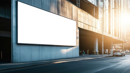 Empty billboard on the side of a parking garage, industrial structure with bright sunlight and sharp shadows, city life and pedestrians in the background. Empty advertising banner