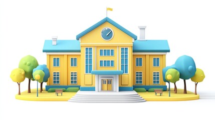 Wall Mural - Yellow and Blue School Building with Trees and Benches.