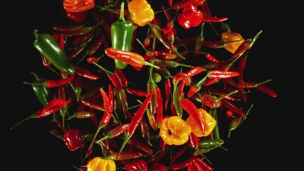 Poster - Super Slow Motion of Flying and Rotating Colored Chilli Peppers on Black Background. Filmed on High Speed Cinema Camera, 1000 fps, Placed on High Speed Cine Bot.