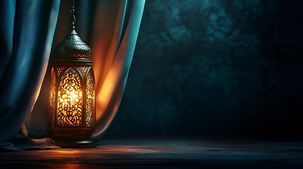 Eid Mubarak and Ramadan Kareem greetings with an Islam lantern, mosque banner backdrop