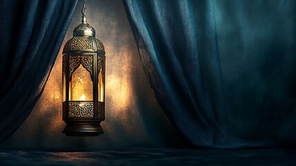 Wall Mural - Eid Mubarak and Ramadan Kareem greetings with an Islam lantern, mosque banner backdrop