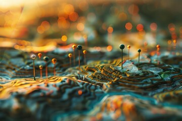 Fototapete - A detailed shot of a map with various locations marked by colorful pins, perfect for highlighting travel routes or business trip destinations